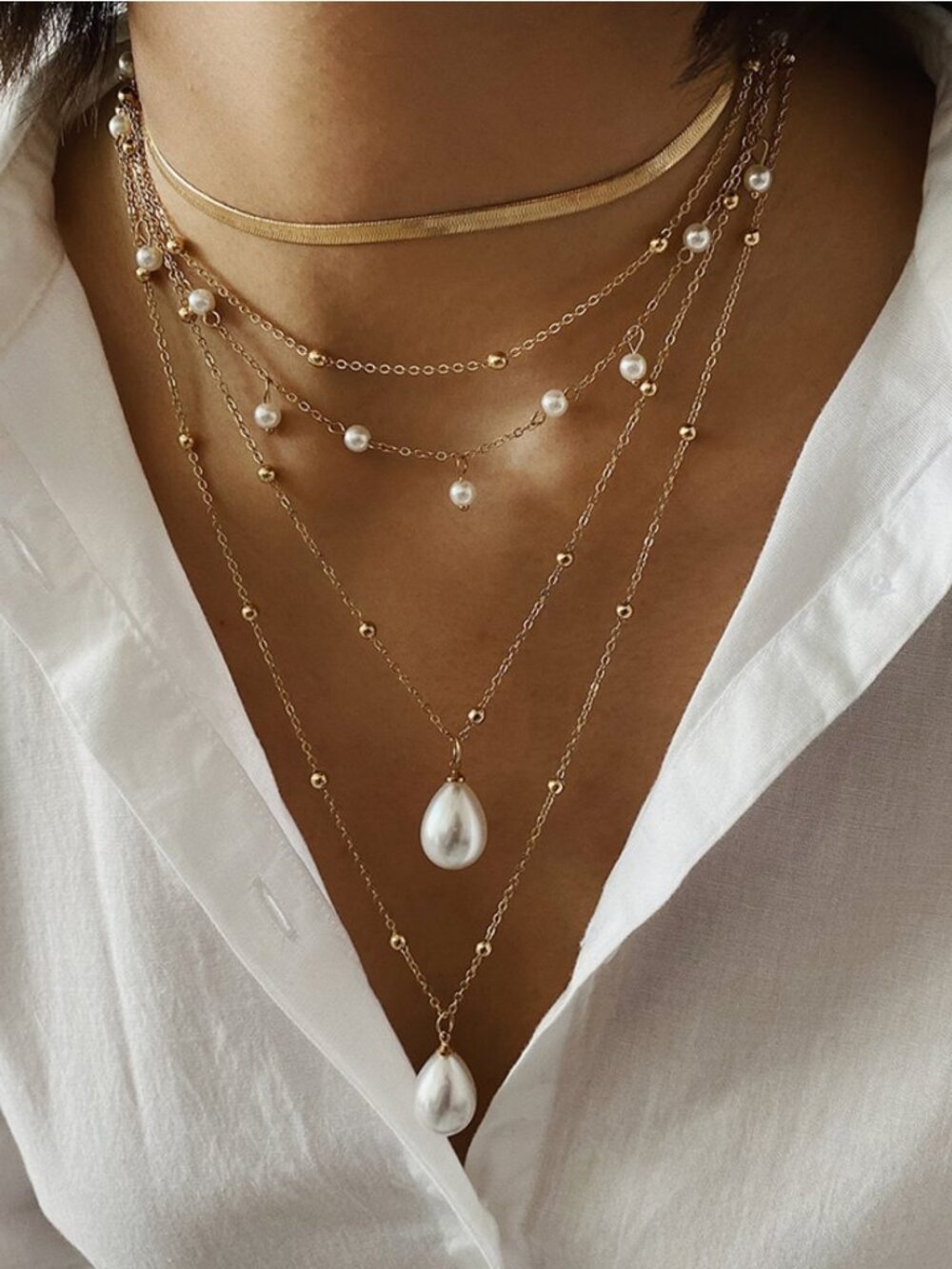 Layered Gold Tone Faux Pearl Teardrop Necklace